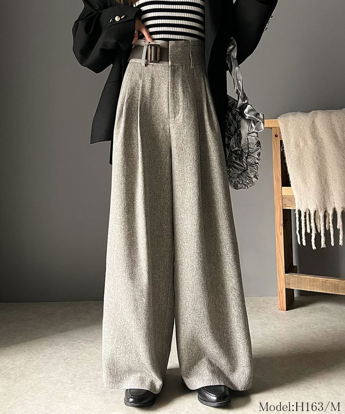 日本 Classical Elf - 腰帶造型粗花呢高腰美腿寬褲-黑