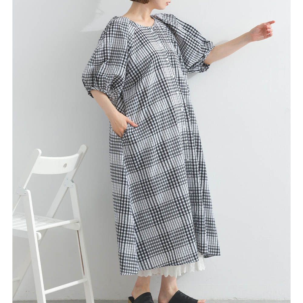前後2way 印度棉泡泡袖輕盈洋裝-黑白格紋