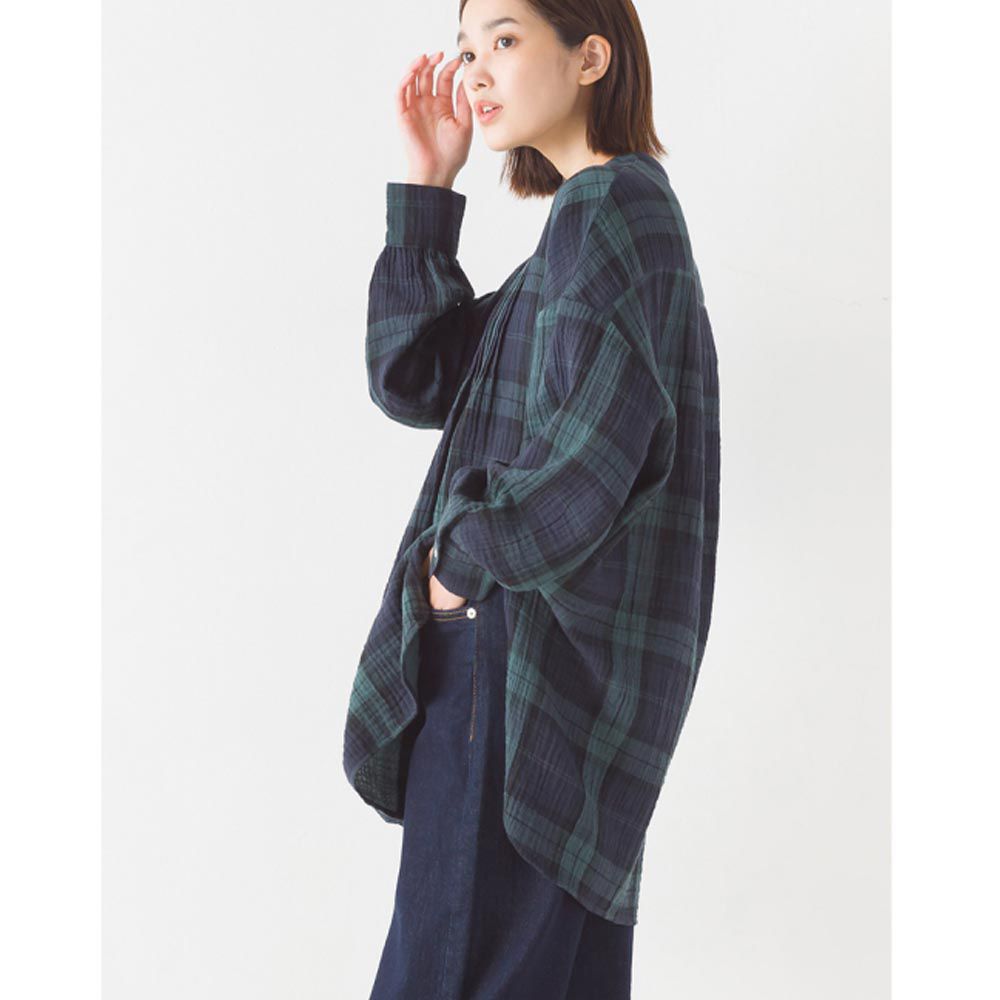 日本 OMNES - 二重紗氣質細摺長袖襯衫-綠格紋