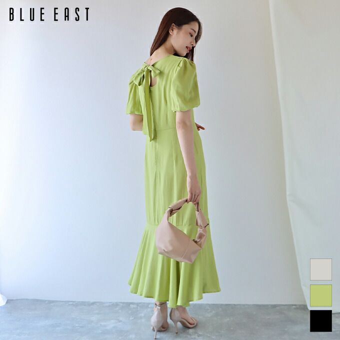日本 BLUE EAST - 時光漫漫後綁帶泡泡袖洋裝-簡約黑