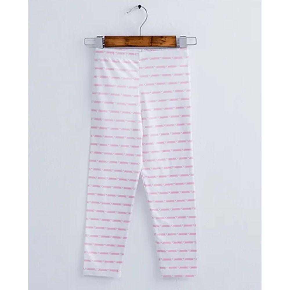 WIWI - 米奇條溫灸刷毛九分發熱褲-童-白粉色