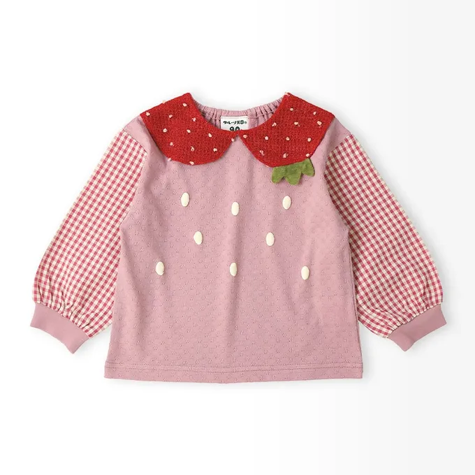 日本 ZOOLAND - 水果樂園 可愛草莓領口長袖上衣-粉紅