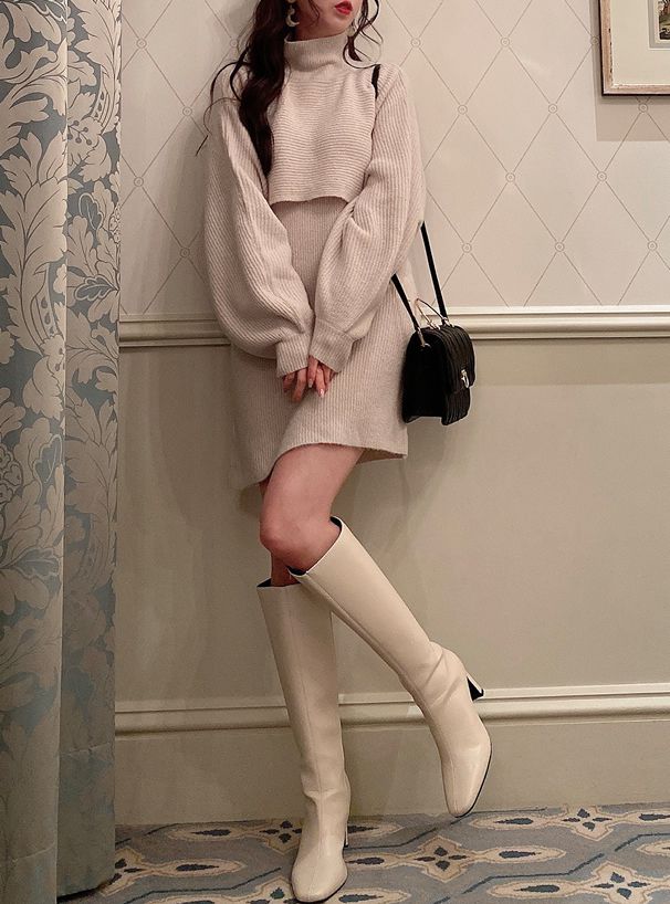 日本 GRL - 高領羅紋針織兩件式短版洋裝-知性黑