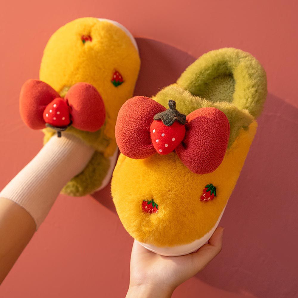 毛毛保暖室內拖鞋(厚底)-草莓蝴蝶結-黃+綠色