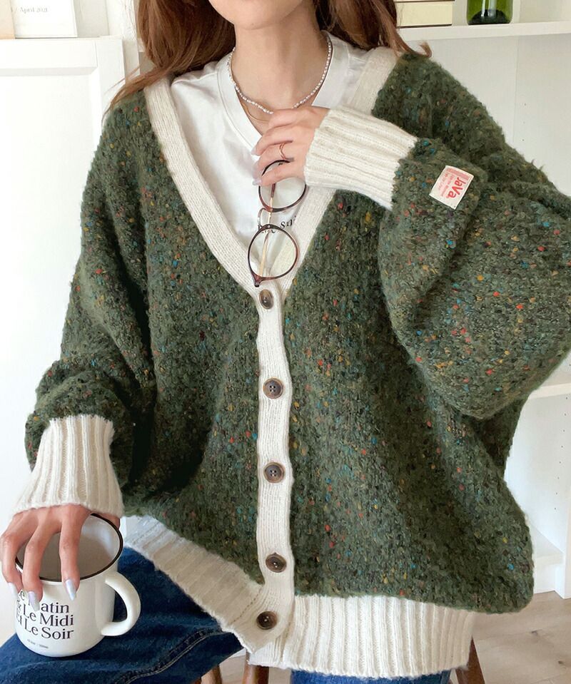 日本 Classical Elf - Java聯名 前後穿混彩針織開襟衫-卡其