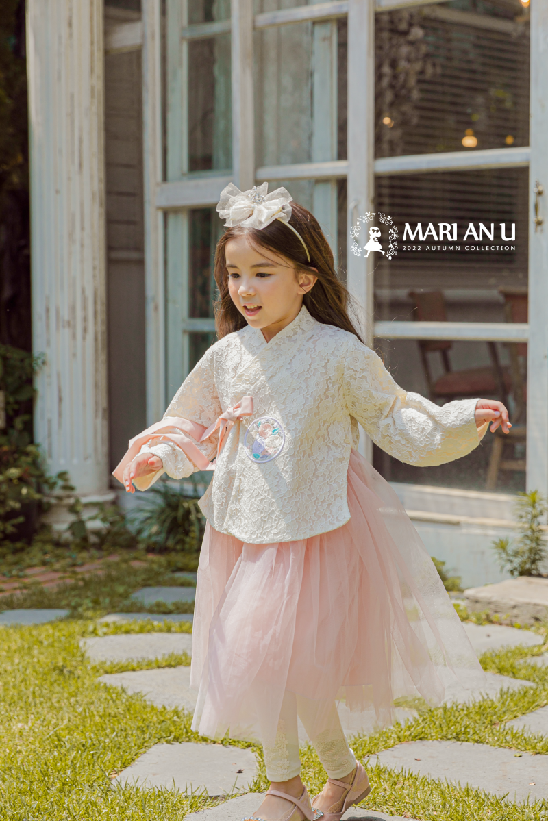 韓國 Mari an u - 兩件式蕾絲雕花網紗韓服-米X粉