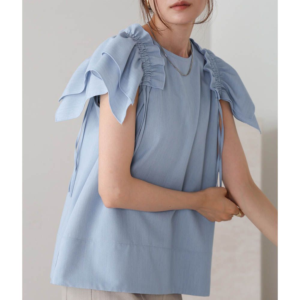 浪漫層次感荷葉短袖上衣-淺藍 (M)