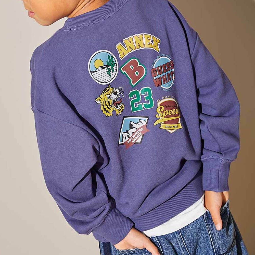 熱銷定番 印花縮口長袖上衣-標章-深紫