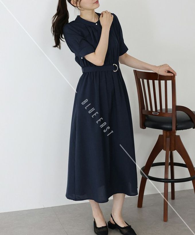 日本 BLUE EAST - 優雅打褶2way領束腰短袖洋裝-摩卡