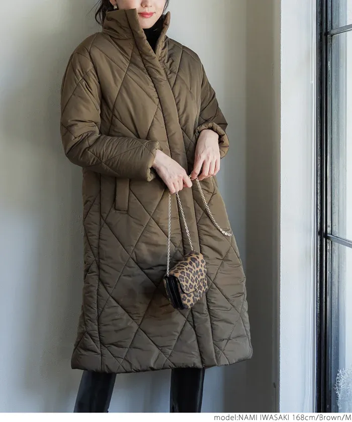 日本 COCA - 俐落長版絎縫鋪棉保暖外套(帽可拆)-咖啡