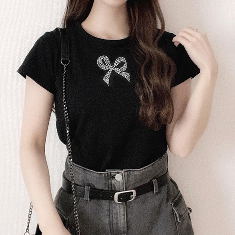 水鑽蝴蝶合身短袖上衣-黑 (F)
