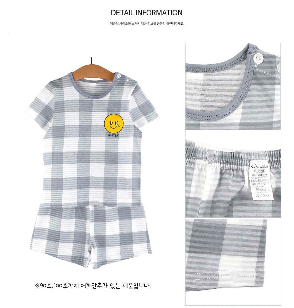 韓國 Maykids - 有機棉透氣輕薄短袖家居服-格子灰