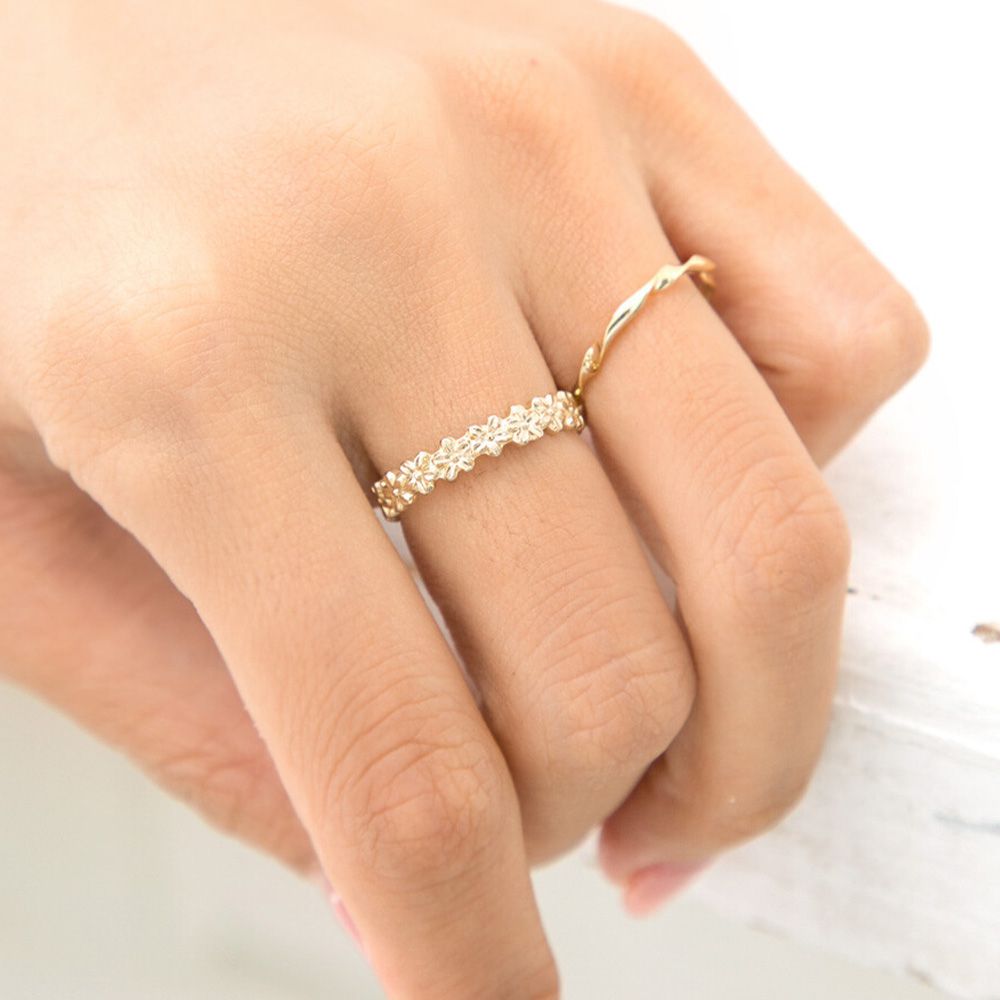 日本製 細緻感循環圖案戒指(可調戒圍)-花朵-金