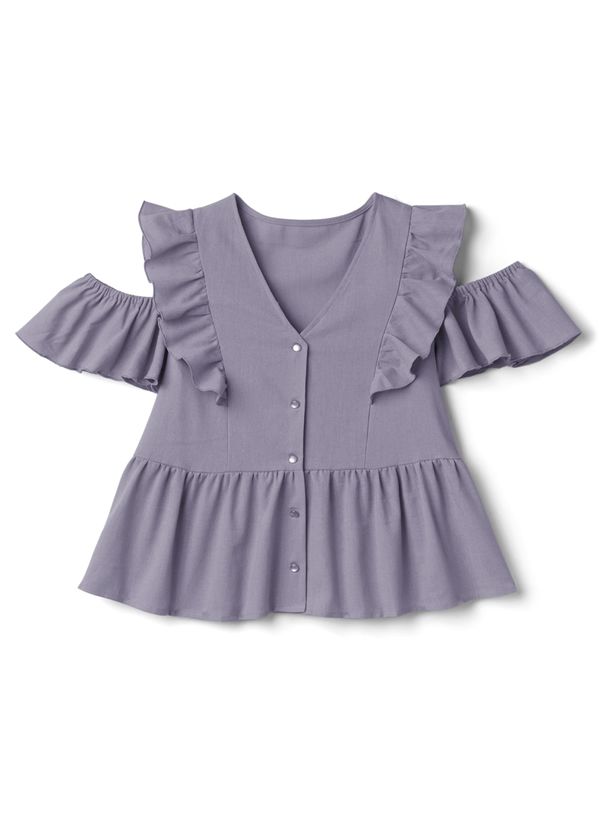 日本 GRL - 優雅荷葉邊挖肩V領短袖上衣-天使白