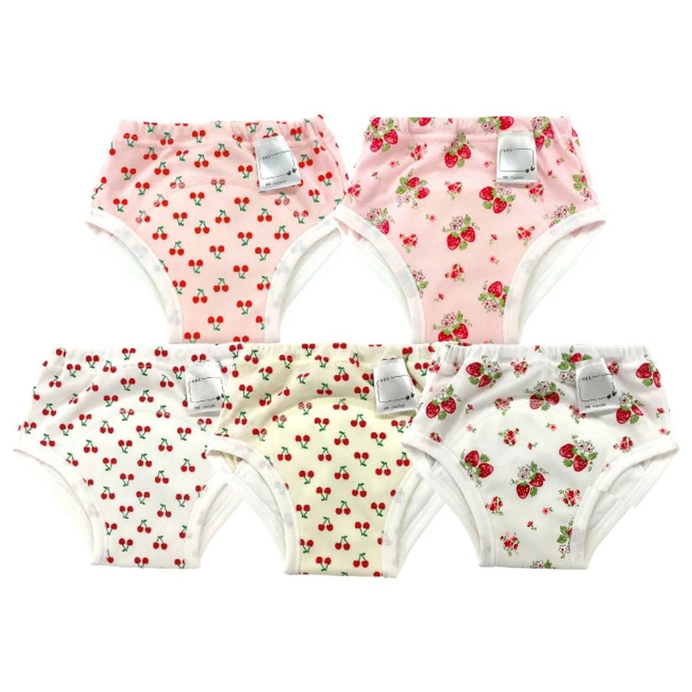 日本 Chuckle Baby - 四層學習褲(五件組)-草莓櫻桃-粉紅米黃-密縫式
