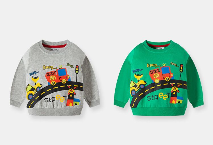 純棉圓領長袖上衣/大學T-消防車-綠色