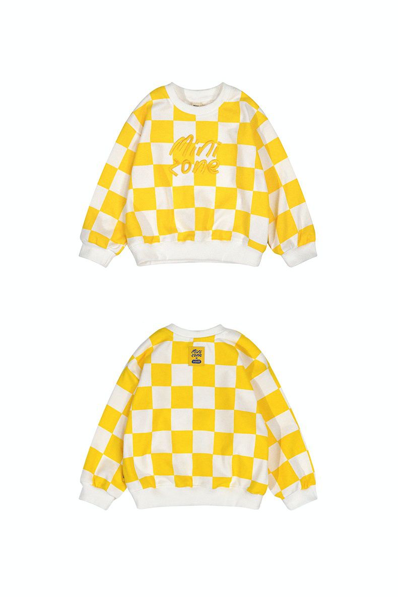 Minizone - 格紋圓領長袖上衣-英文字母-黃+白