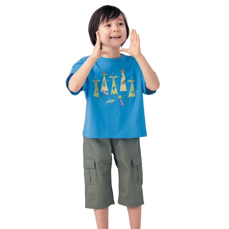 日本千趣會 - GITA 天竺棉短T(蓄光變色)-外星UFO與恐龍-水藍