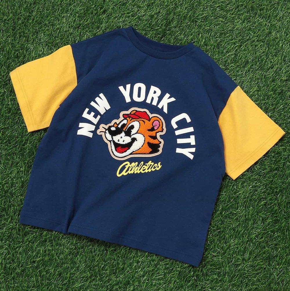 美式動物相良刺繡短袖上衣-老虎-海軍藍撞色