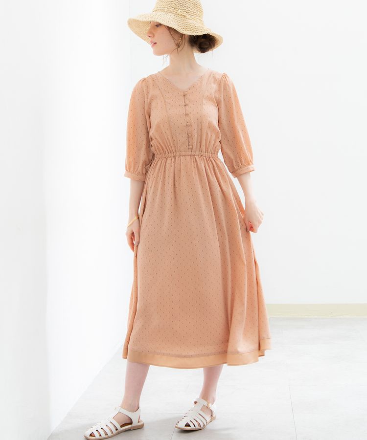 日本 Honeys - V領縮腰排釦七分袖雪紡洋裝-碎花-水藍