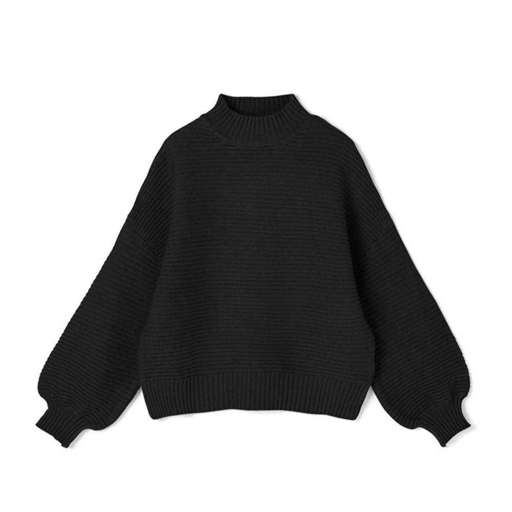 日本 GRL - 橫羅紋半高領泡泡袖針織毛衣-時尚黑 (Free)