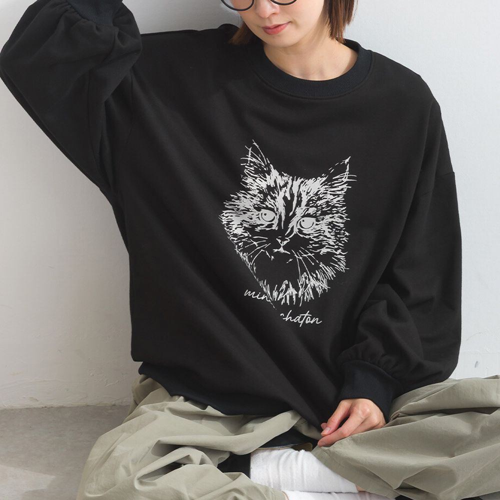 線條貓咪印花裏毛長袖上衣-黑