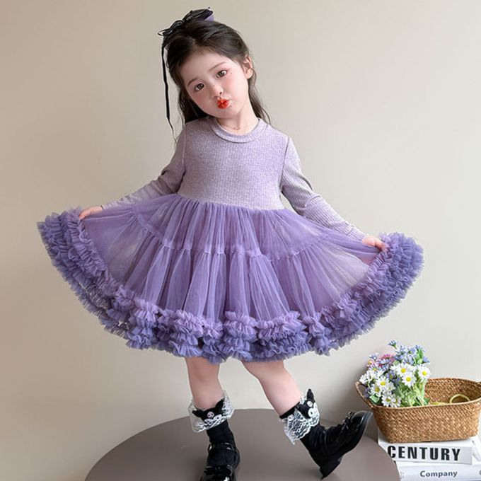 新年生日可愛漸層紫羅蘭蛋糕網紗長袖洋裝
