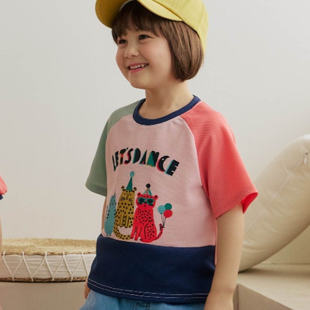 派對豹喵撞色短袖上衣-粉X海軍藍