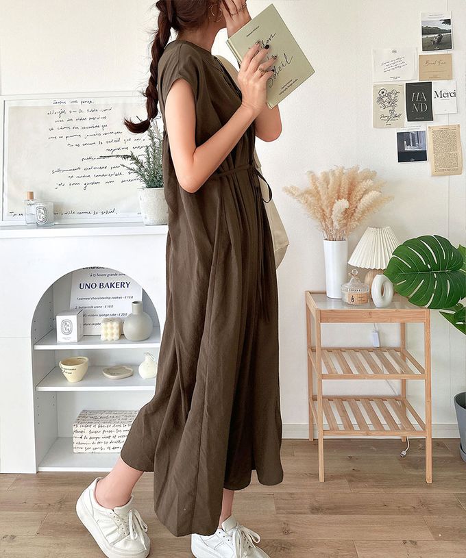 日本 Classical Elf - 前後2way清新腰綁帶短袖洋裝-棕