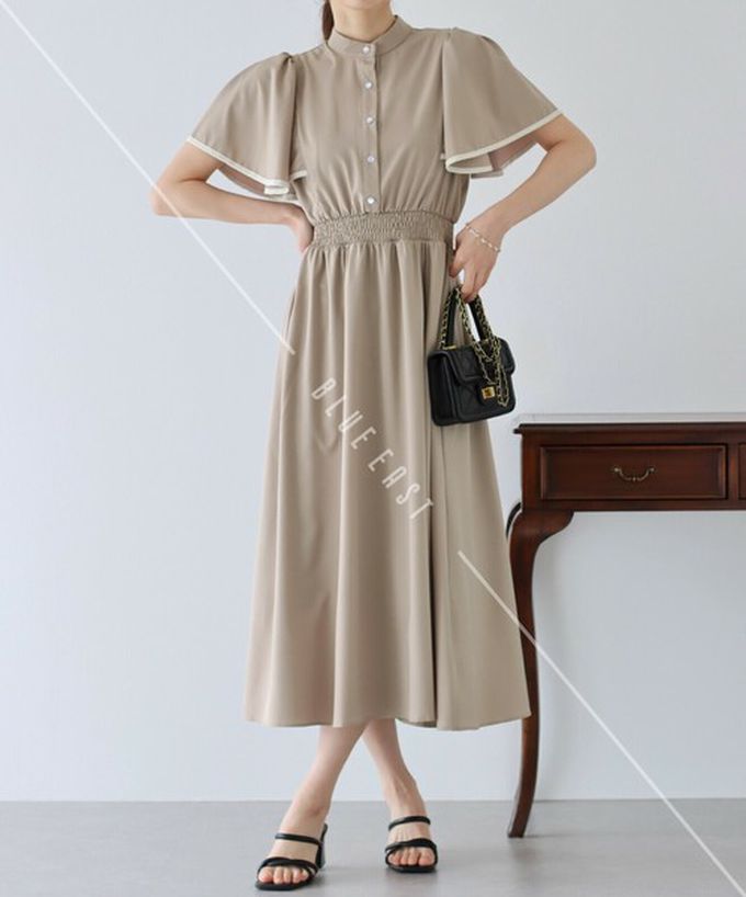 日本 BLUE EAST - 浪漫時光碎花雪紡短袖洋裝-素色-深藍