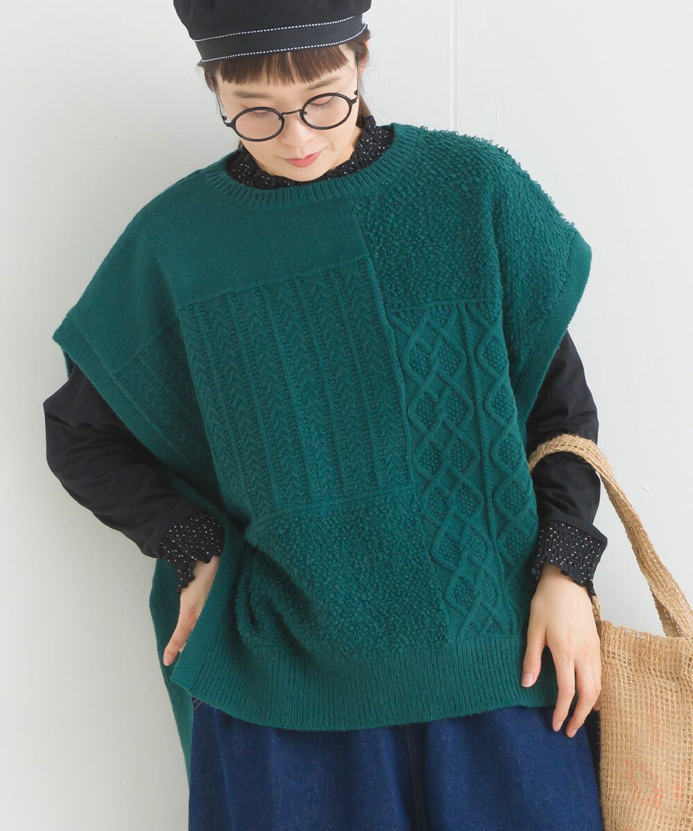 日本女裝代購 - 圓領編織紋拼接針織背心-咖啡