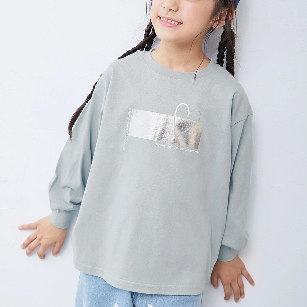 100%棉 閃亮金屬印花長袖上衣-愛心-灰綠