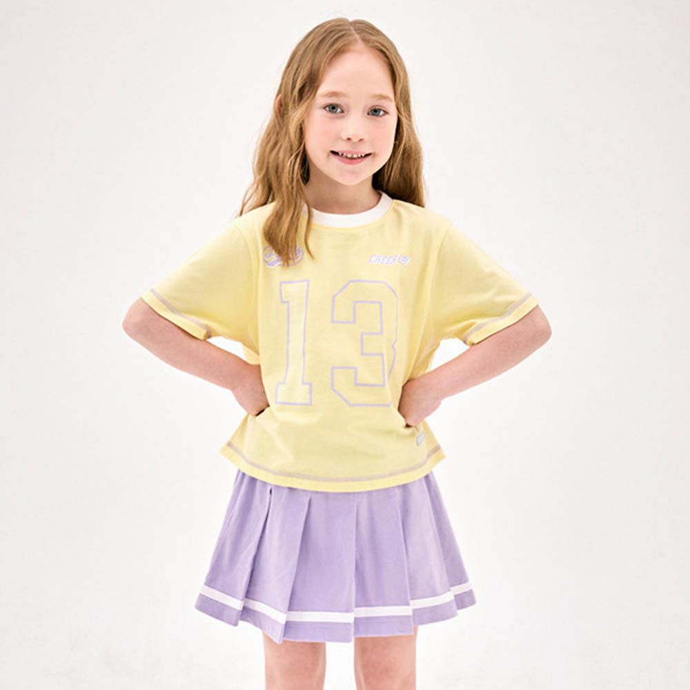 活力數字印短袖上衣X百褶裙套裝-黃X淺紫