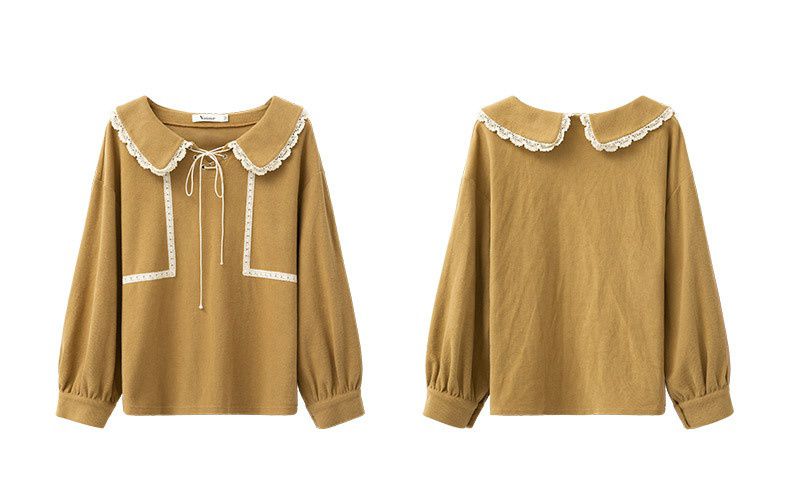 蕾絲拼接綁帶長袖上衣-卡其色