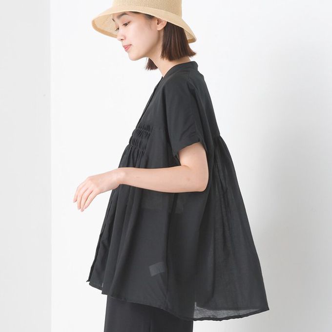 日本 OMNES - 100%印度棉 皺摺傘狀短袖襯衫-綠條紋