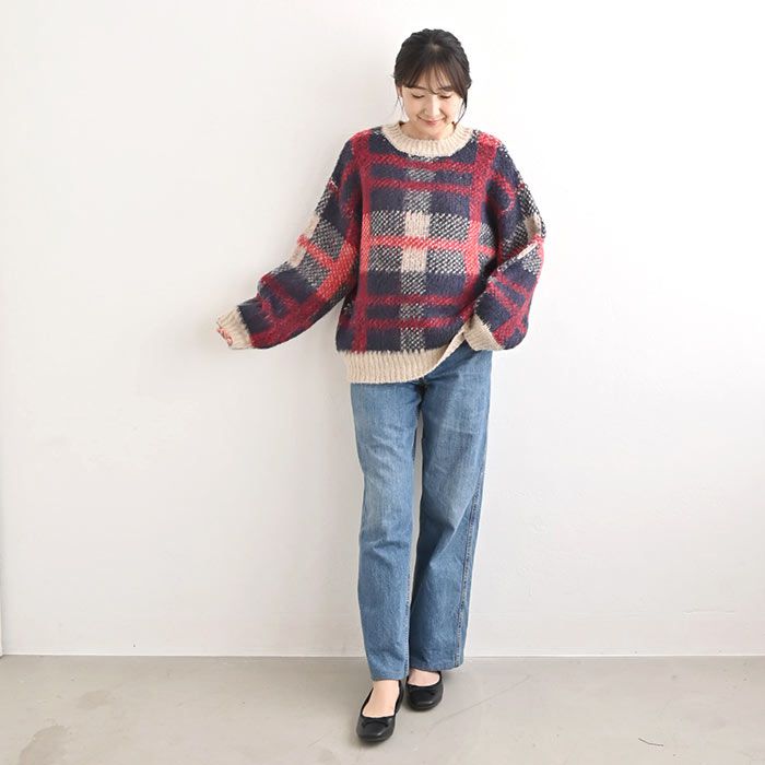 日本 ihuu - 大格紋俏皮針織毛衣-淺黃灰