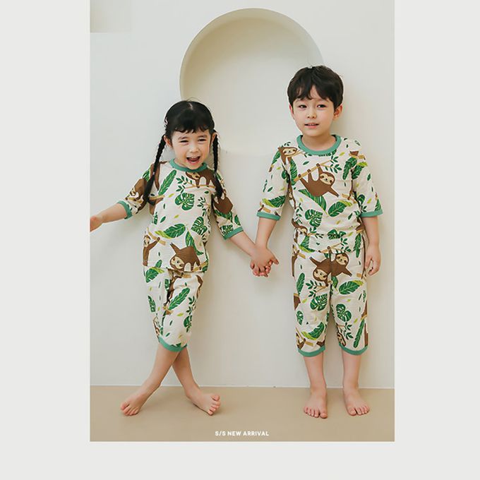 正韓 Puco - 超優質嬰幼兒/兒童七分袖100% 有機純棉家居服/睡衣-開心樹懶