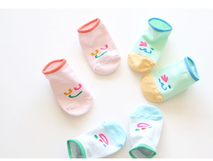 韓國 Kokacharm - 兒童短襪/襪子三入組-笑臉-藍綠X粉橘