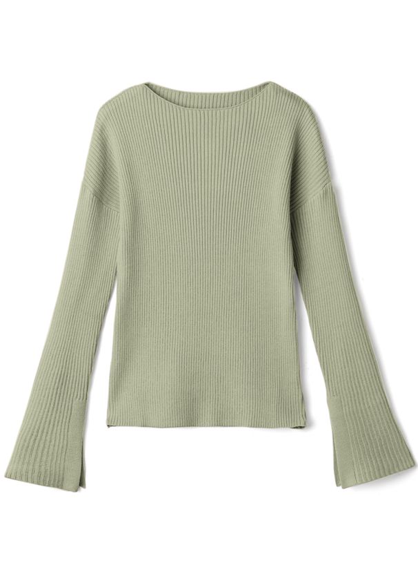 日本 GRL - 袖口剪裁船領羅紋長袖上衣-春芽綠