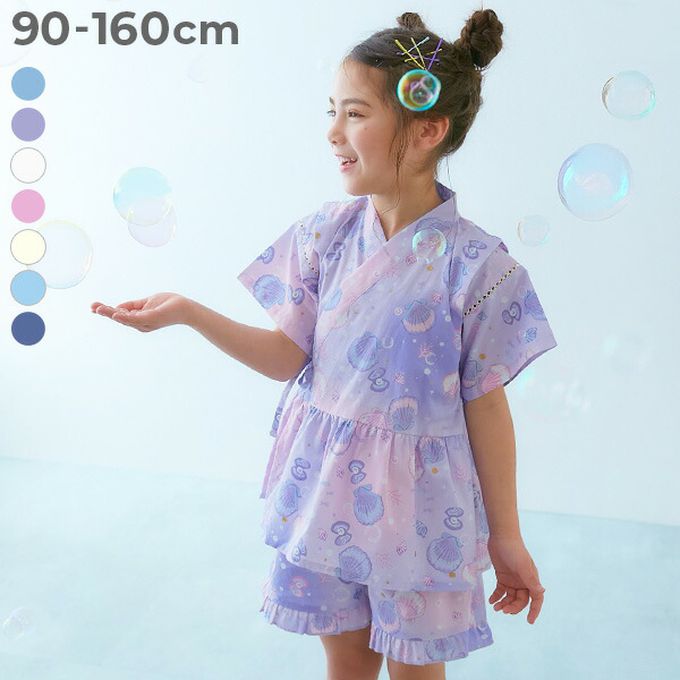 日本 devirock - [推薦]夢幻女孩荷葉邊甚平套裝-繡球花-藍