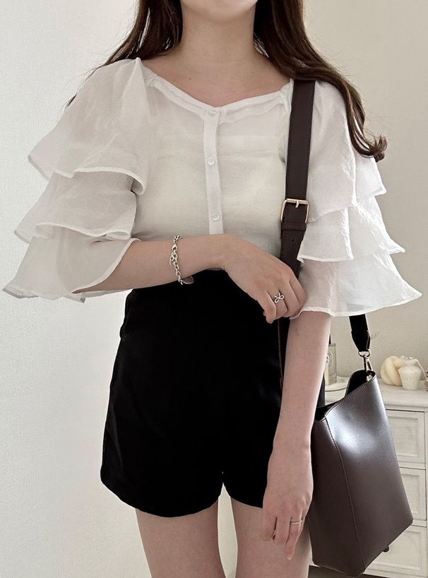 日本 GRL - 優雅層次袖設計長袖襯衫-經典黑