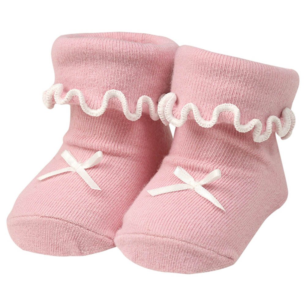 新生兒木耳邊反摺襪-蝴蝶結-粉紅色 (7~9cm)