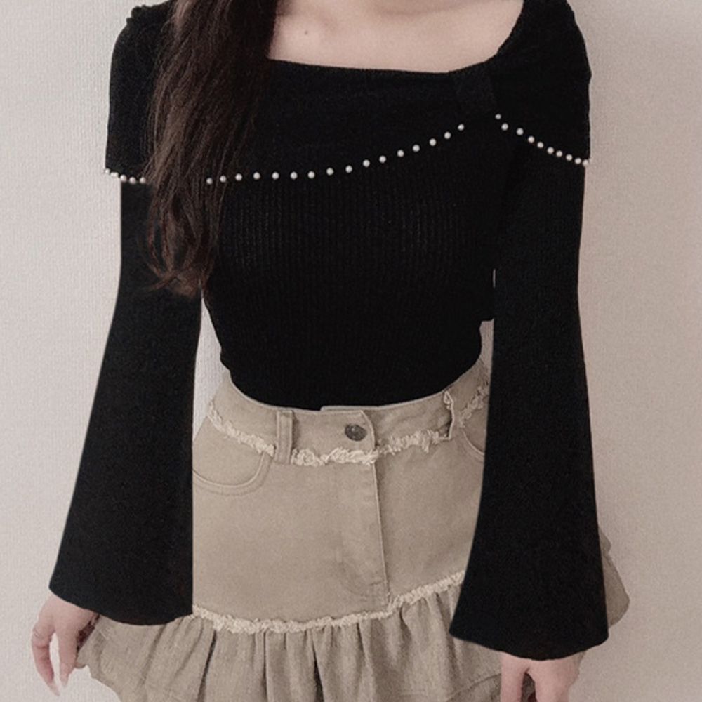 珍珠蝴蝶結唯美露肩針織長袖上衣-黑