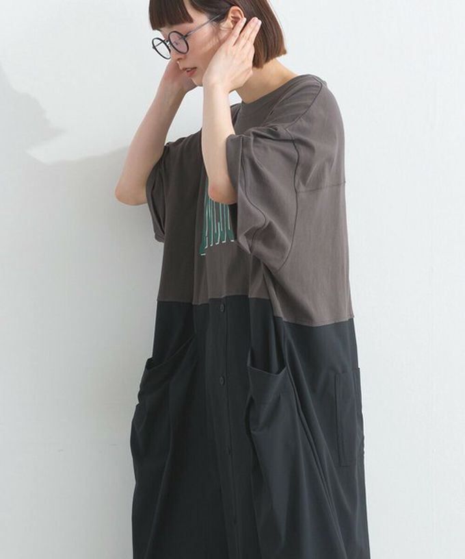 日本 Lupilien - 異素材撞色學院風俐落短袖洋裝-炭灰