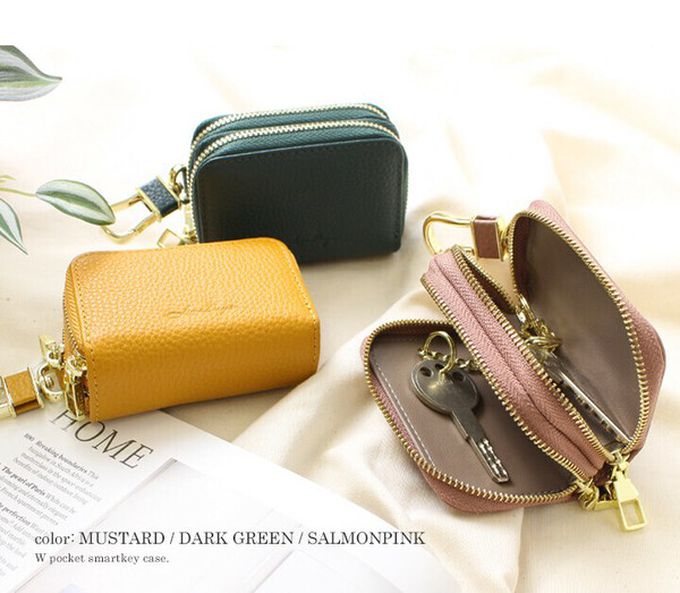 日本 LIZDAYS - 真皮鑰匙收納拉鍊小包-灰卡其 (8.5x6x4cm)