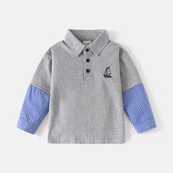 WELLKIDS - 假兩件袖拼接翻領長袖上衣-帆船-灰色