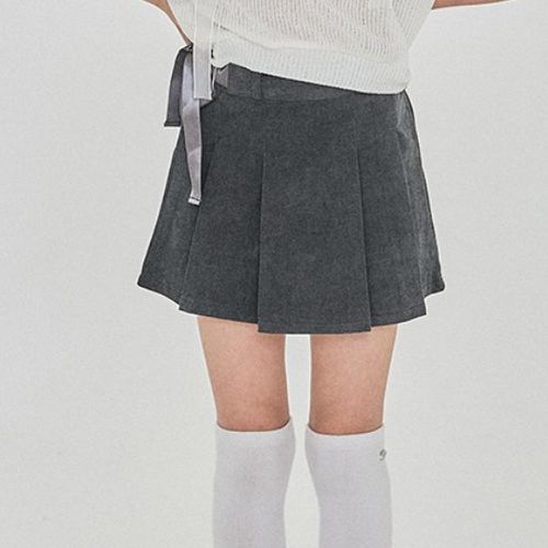 韓國 FORK CHIPS - 鬆緊腰蝴蝶結緞帶打褶褲裙-墨灰