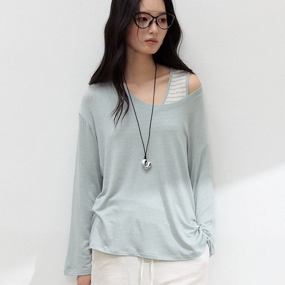 雲感天絲混亞麻U領寬鬆長袖上衣-煙藍 (F)