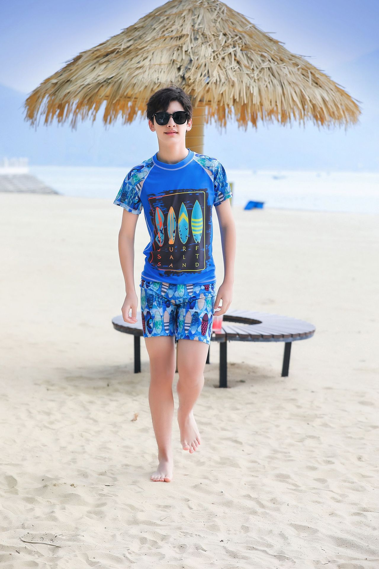 大童男孩短袖泳衣套裝(二件組)-衝浪板-藍色-泳衣、泳褲
