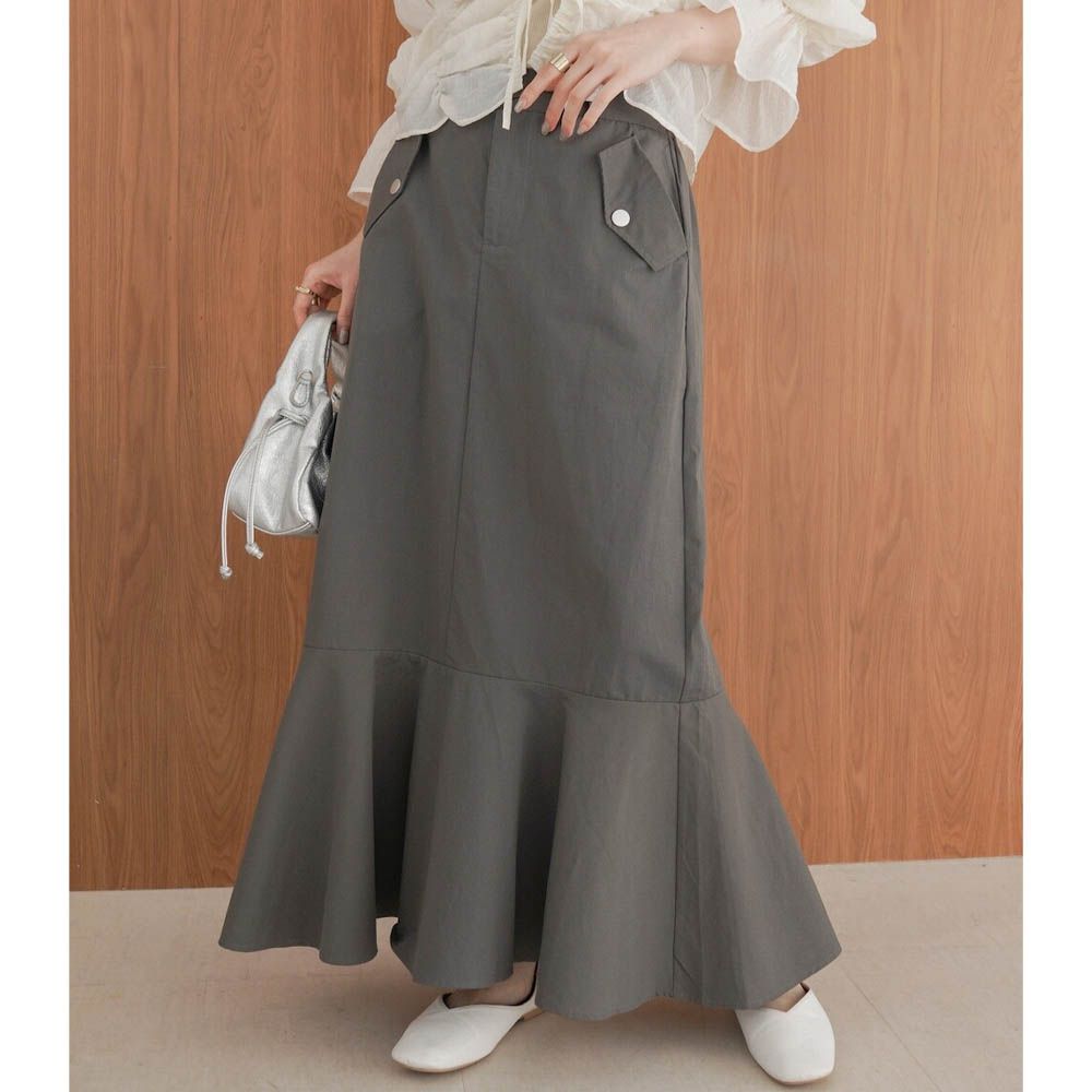 側口袋優雅休閒斜紋布魚尾裙-炭灰 (M)